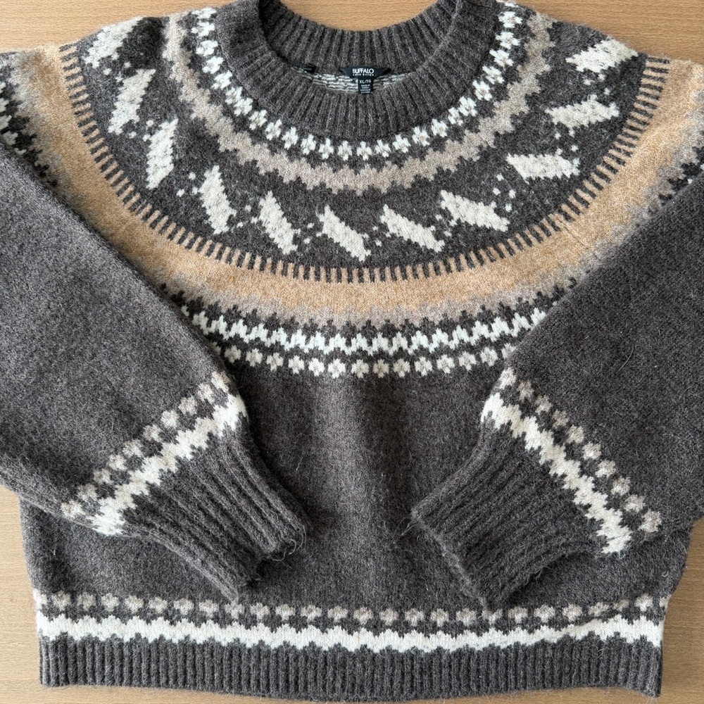 Buffalo David Bitton Brown Fair Isle Crewneck Sweater